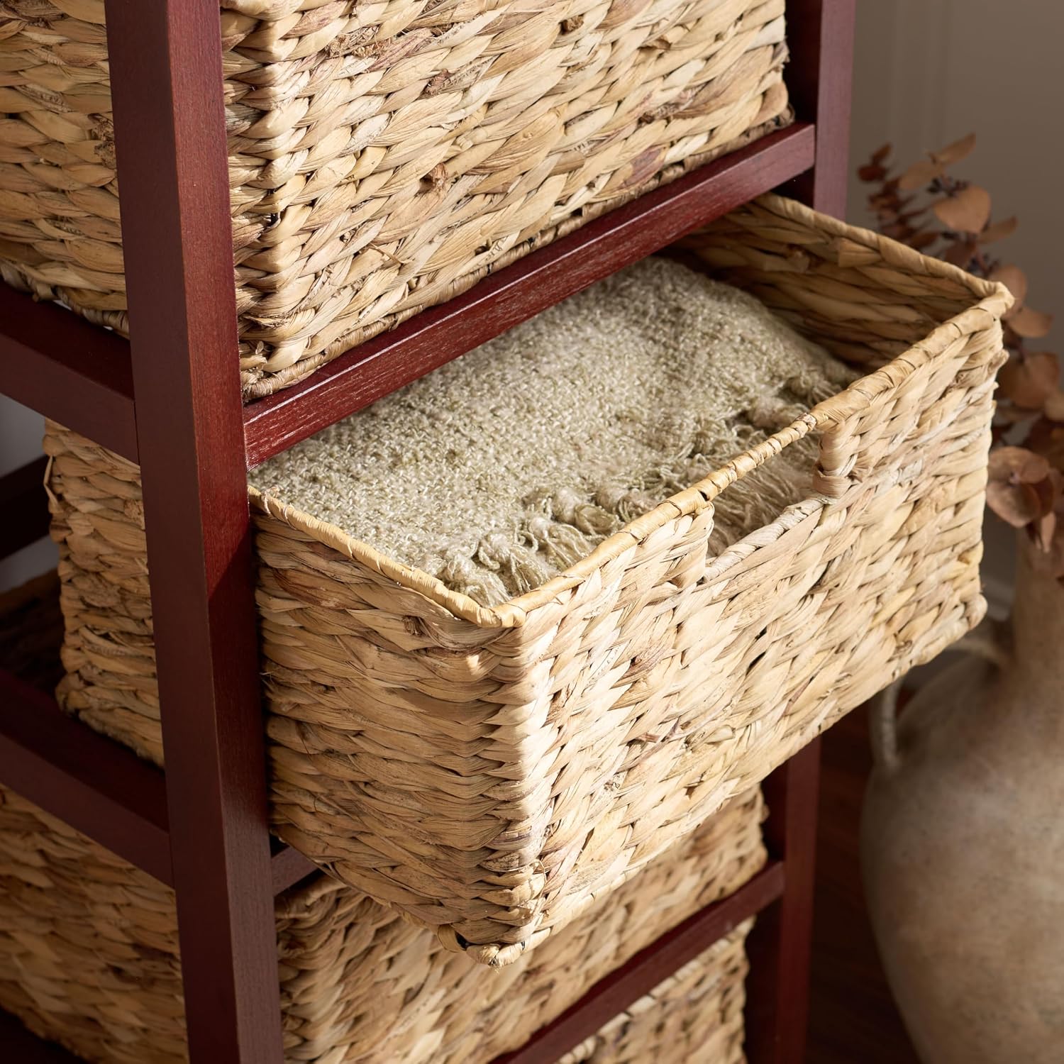 SAFAVIEH Furniture - Vedette 5-Basket Storage Tower - Cherry - Solid Wood - Coastal Basket Tower Design - Ideal for Entryway, Living Room, 17.5'W x 13.5'D x 46'H - Fully Assembled (AMH5739C)