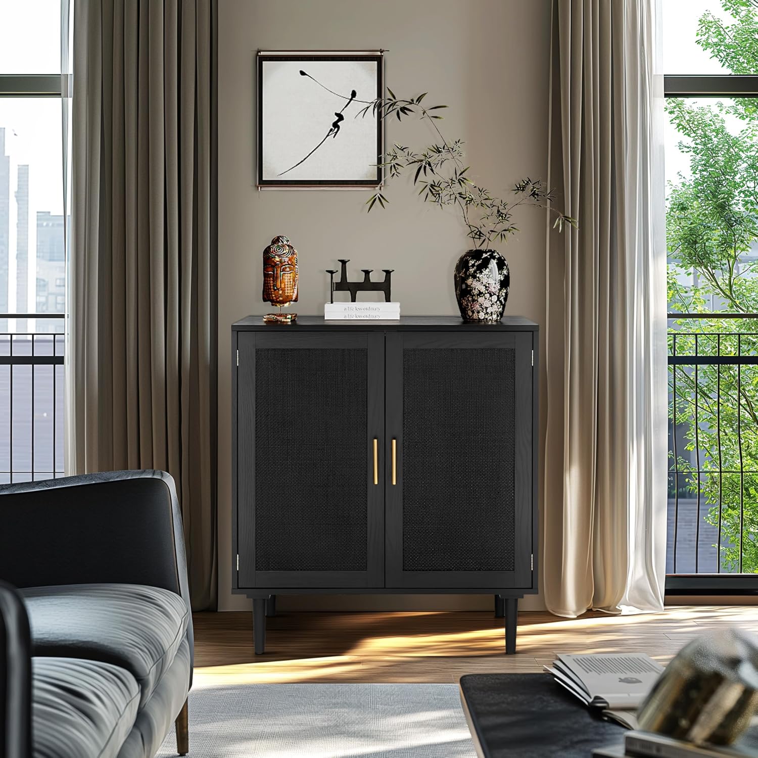 Finnhomy Sideboard Buffet Kitchen Storage Cabinet with Black Painted Rattan Decorated Doors, Dining Room, Hallway, Cupboard Console Table, Liquor/Accent Cabinet, 31.5X 15.8X 34.6 Inches, Black