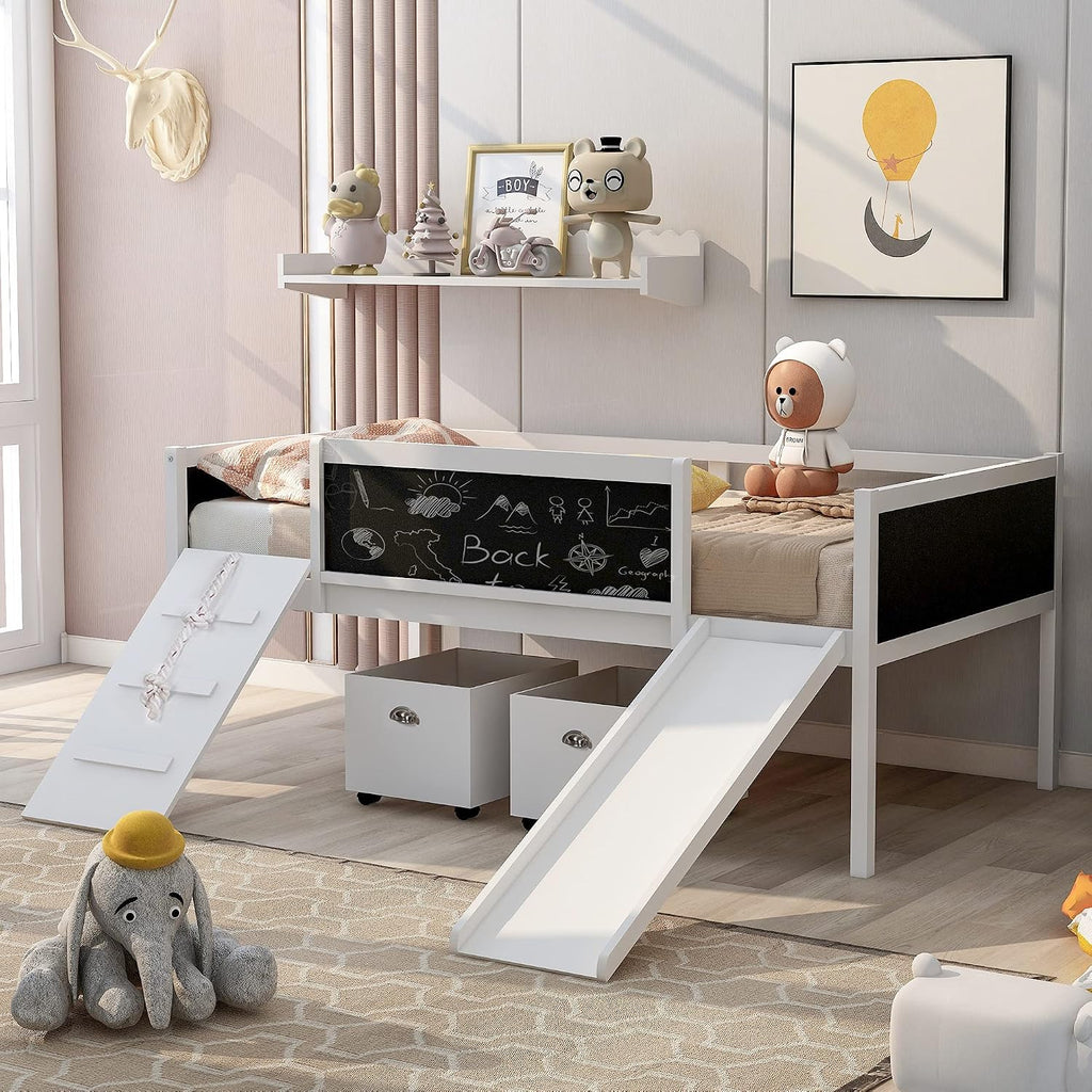 JIVOIT Twin Size Low Loft Bed with Climbing Frame & Rope, Wood Loft Bed Frame with Two Storage Boxes, Slide and Double-Sided Chalkboard, Pine Wood Bed Frame for Kids Teens (White+Rope)