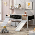 JIVOIT Twin Size Low Loft Bed with Climbing Frame & Rope, Wood Loft Bed Frame with Two Storage Boxes, Slide and Double-Sided Chalkboard, Pine Wood Bed Frame for Kids Teens (White+Rope)