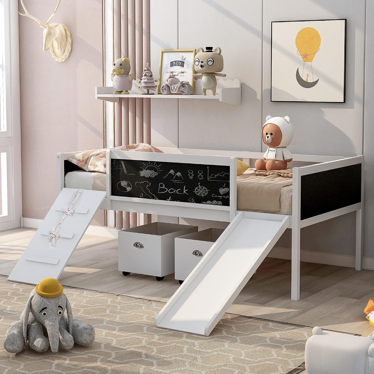 JIVOIT Twin Size Low Loft Bed with Climbing Frame & Rope, Wood Loft Bed Frame with Two Storage Boxes, Slide and Double-Sided Chalkboard, Pine Wood Bed Frame for Kids Teens (White+Rope)