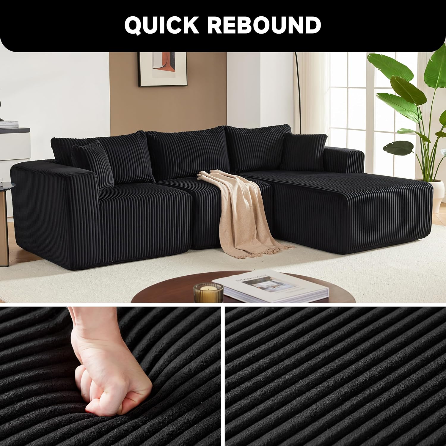 97' Boneless Couches for Living Room, Cloud Couch Sectional with Deep Seat, Comfy Couch with L-Shaped Chaise, Minimalist Upholstered Modular Sectional Sofa, No Assembly (Corduroy,Black)