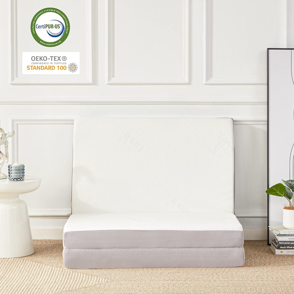 Lazyzizi Folding Mattress, 4 Inch Memory Foam Tri-fold with Breathable Bamboo Fiber Fabric Cover, Foldable Floor Mattress Guest Bed for Camping, Road Trip, Twin