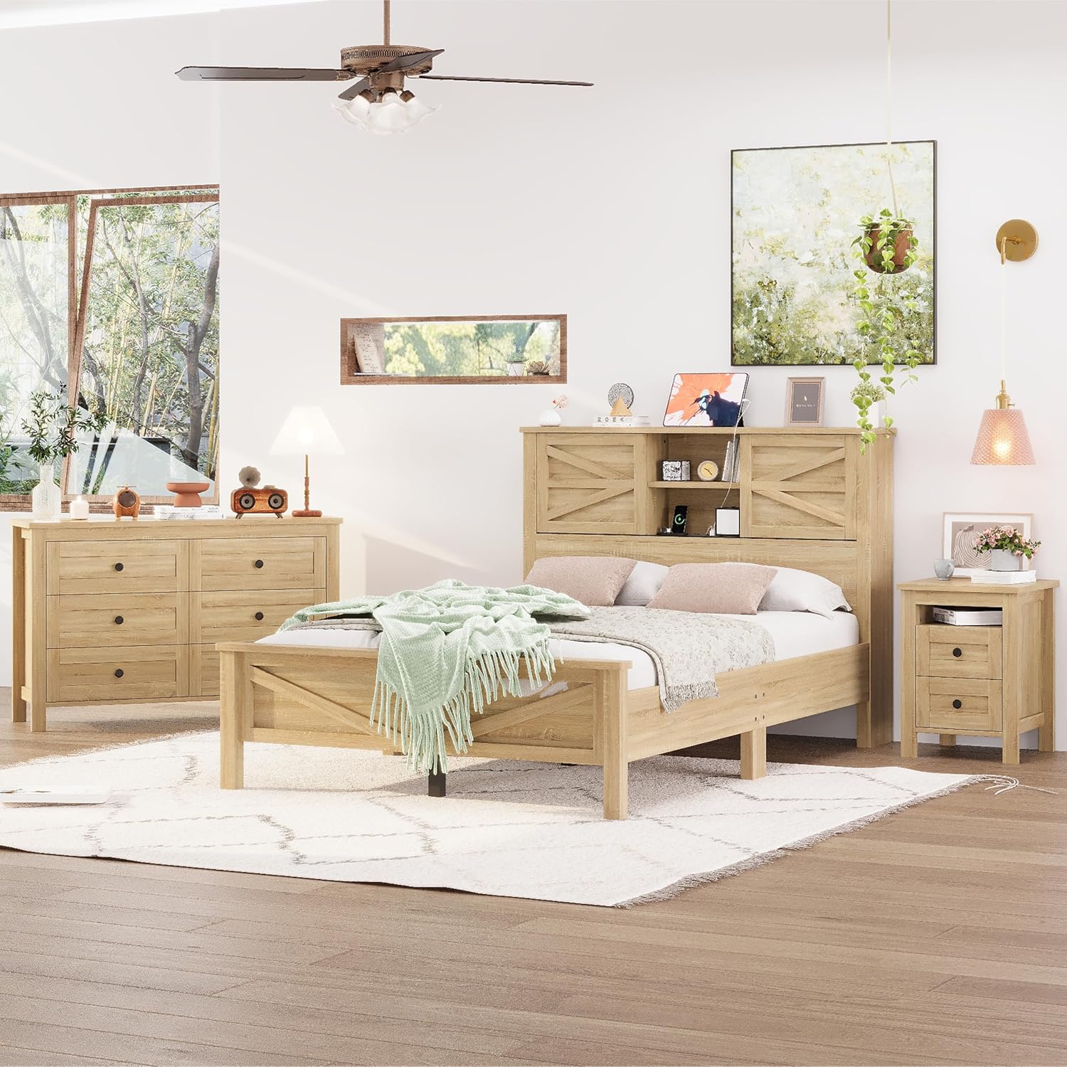 3-Pieces Full Size Bedroom Sets, Farmhouse Platform Bed with Double Sliding Door USB Storage Headboard, 3PCS Bedroom Sets with Cabinet and Nightstands, Kids Adults, Natural
