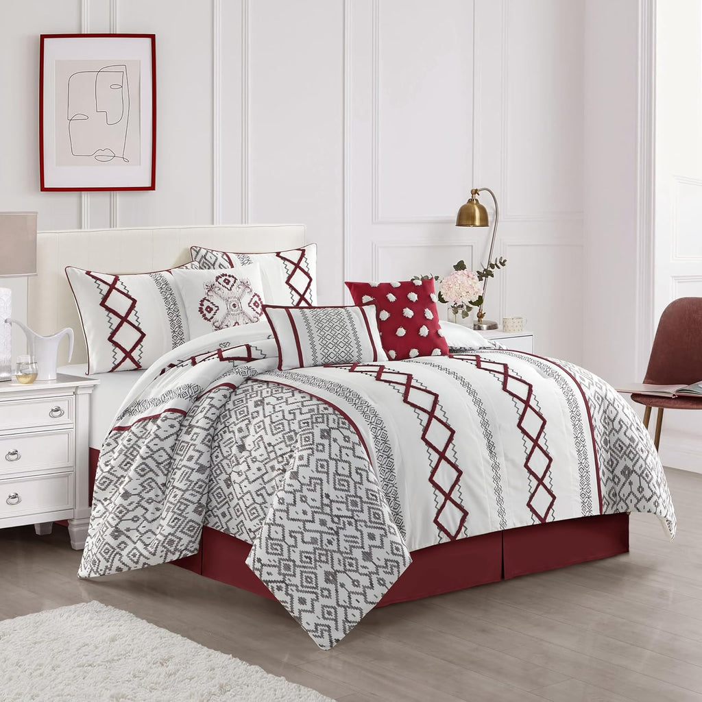 Grand Avenue White Red Comforter Set California King Size, 7 Piece Terry Embroidery All Season Bedding Set, Bedskirt, Pillows & Shams