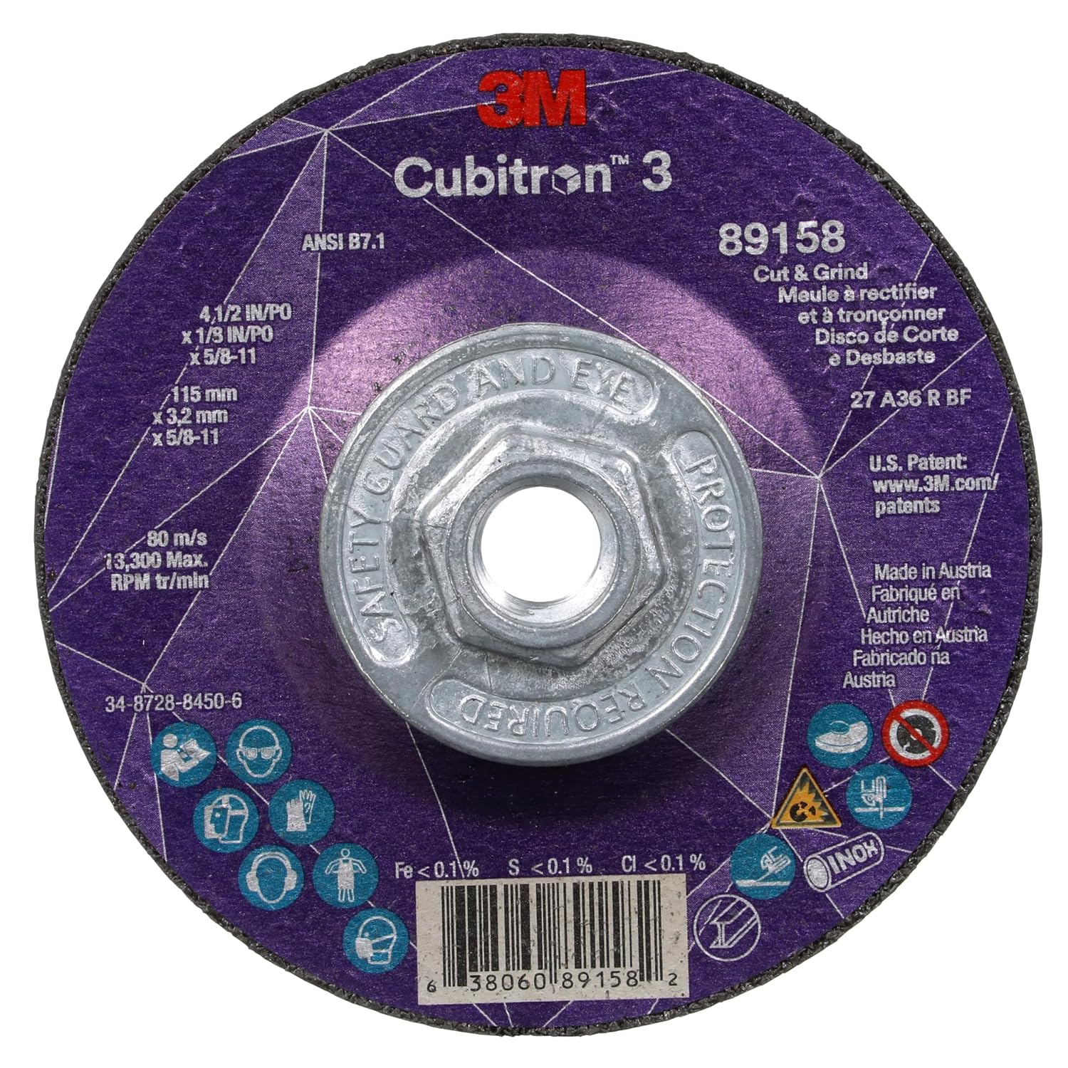 3M Cubitron 3 Cut and Grind Wheel, 89158, 36+, T27, 4-1/2 in x 1/8 in x 5/8 in-11, Pack of 10, ANSI, Longer Life, Faster Cut, Back-Gouging, Fillet Weld Removal, Cutting, Grinding
