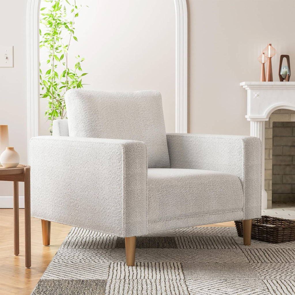 Furniture of America Oriana Contemporary Boucle Accent Chair with Back Pillow and Wooden Legs, Fabric Upholstered Armchair, Comfy Single Sofa Chair for Living Room, Bedroom, Home Office, Off-White