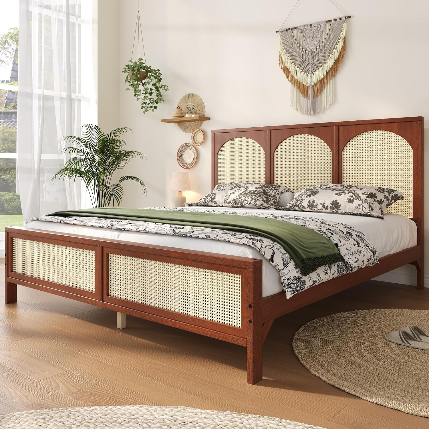 JIVOIT Queen Size Platform Bed with Rattan Headboard and Footboard, Wood Platform Bed Frame with Wood Slats Support, No Box Spring Needed, Easy Assembly (Walnut+Beige,Queen)