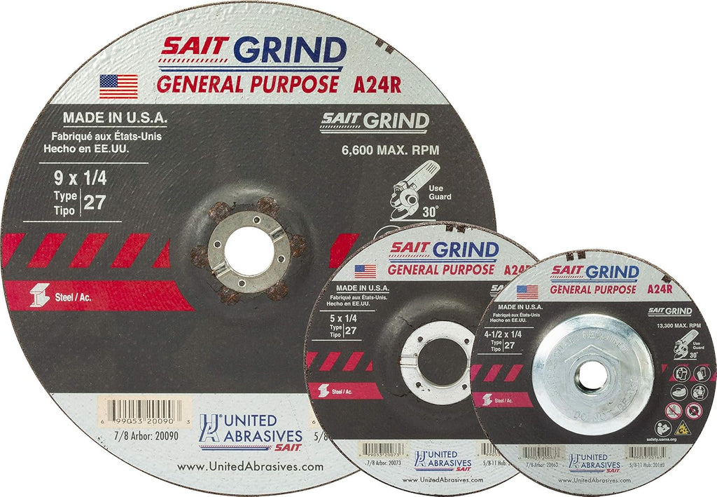 United Abrasives-SAIT 20073 A24R General Purpose/Long Life Grinding Wheel (Type 27/Depressed Center]) 5' x 1/4' x 7/8',25-Pack
