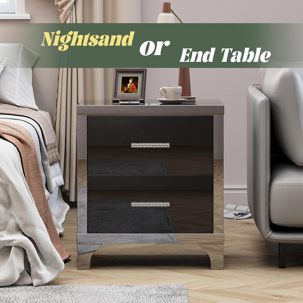 Henf Modern Black Nightstand Set of 2 for Bedroom, Elegant High Gloss 2 Drawer Night Stand with Silver Mirrored Legs, Small Wood End Table Sofa Side Table for Living Room Bedroom Apartment (Black)