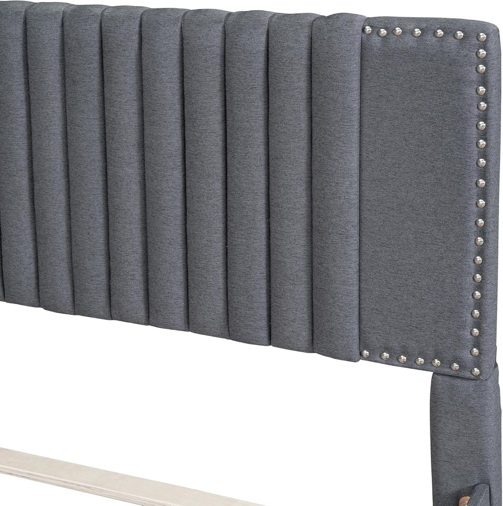 Merax Full Size Upholstered Platform Bed with 1 Twin Size Trundle and 2 Drawers,Soft Classic Headboard Design,Grey