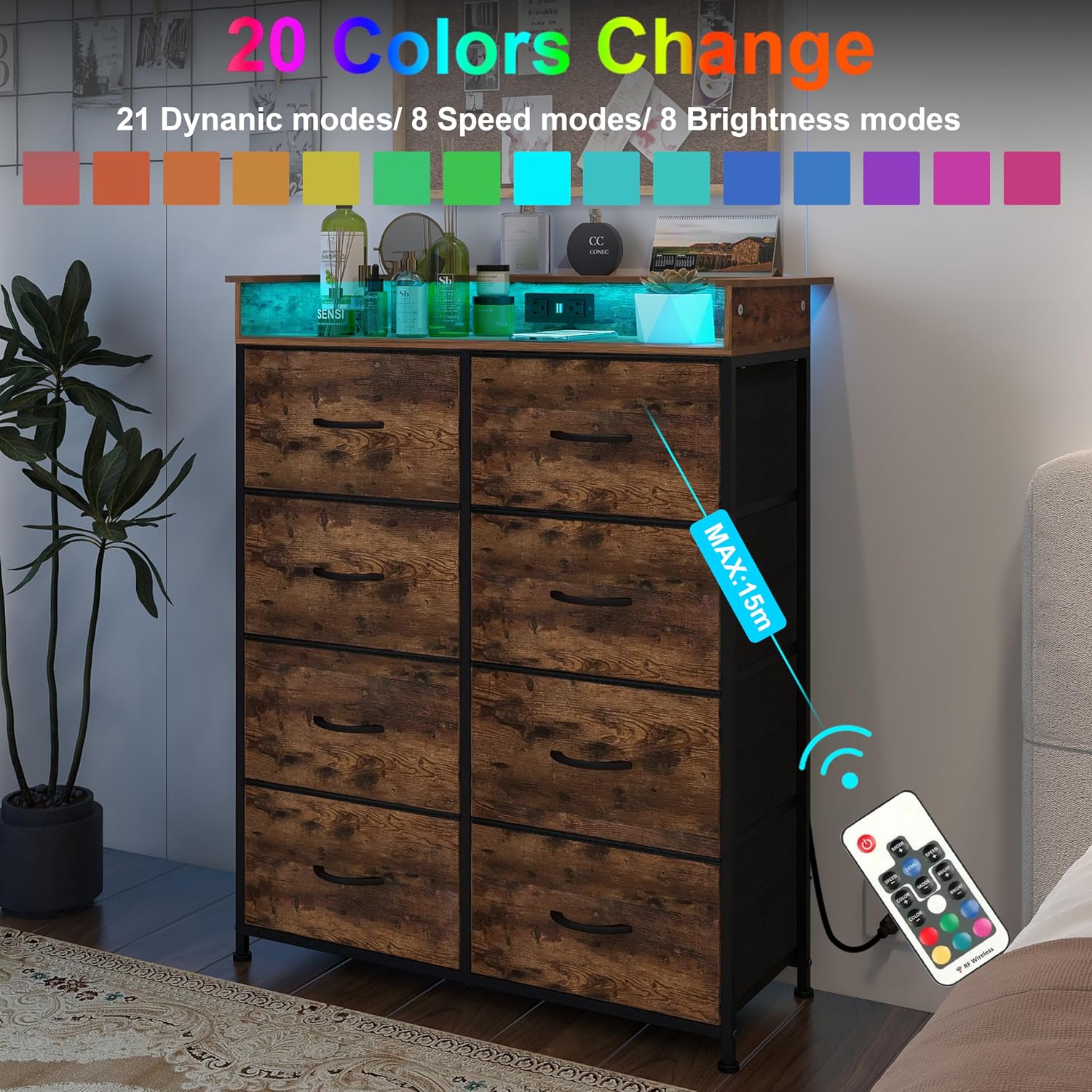 Tall Dresser for Bedroom with Charge Station 8 Drawers Dresser with LED Lights Chest Organizer Units for Hallway Entryway Closets Sturdy Steel Frame Wood Top Easy Pull Handle Rustic Brown