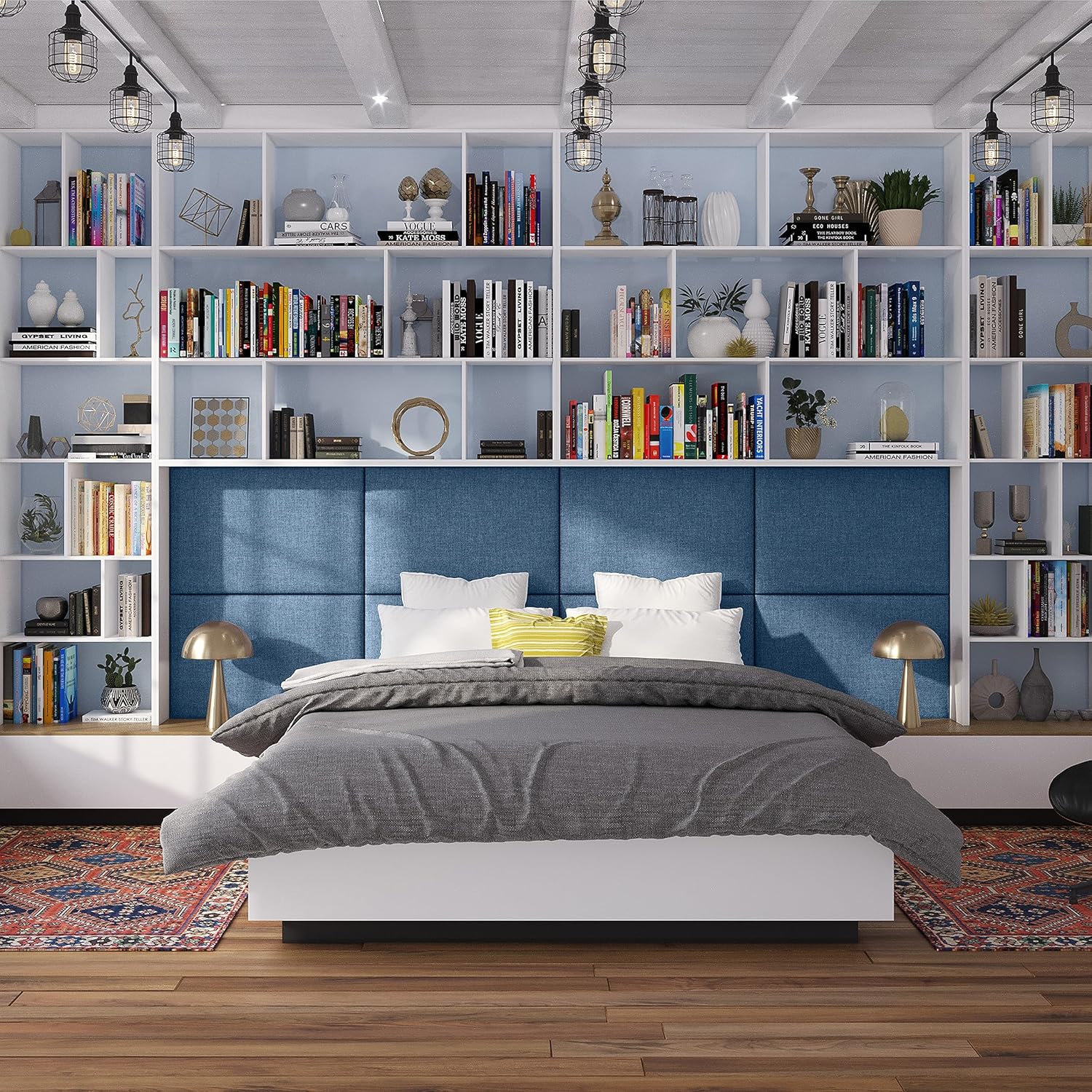 Jaxx Panelist Modern Padded Headboard- Set of 2 Wall Mounted Panels (Each 22.5' x 30')- Queen Double Tall, Microvelvet Petrol Blue