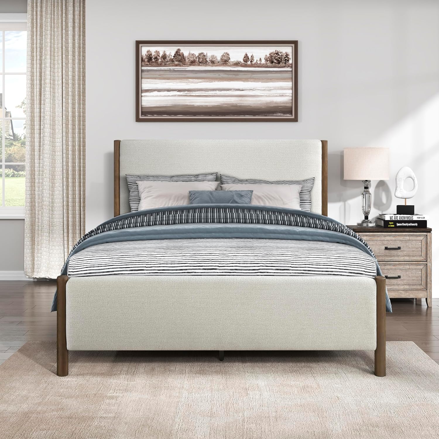 Lexicon Full Size Platform Bed with Chenille Upholstered Bed Frame and Headboard, Caramel Finish, Modern Bed Frame, Wooden Slat Support System, No Box Spring Needed, Easy Assembly