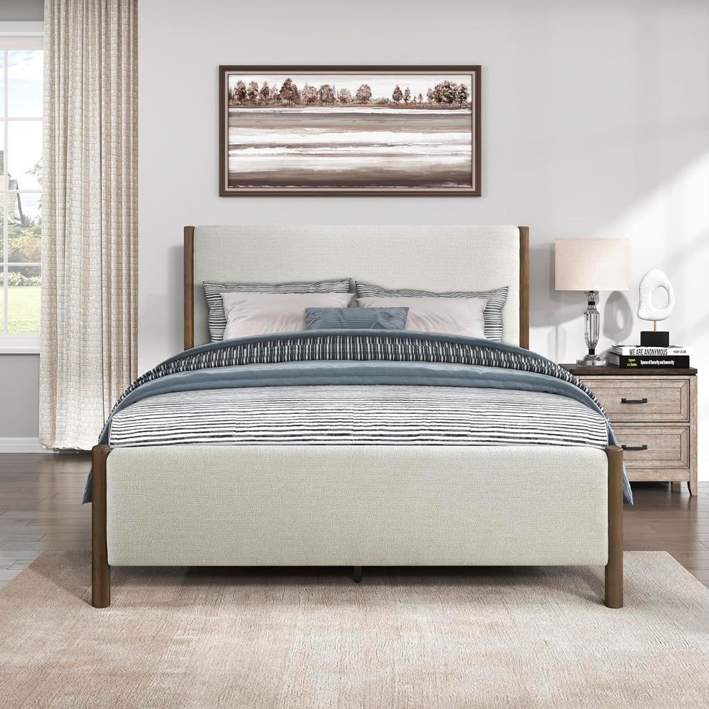 Lexicon Queen Platform Bed with Chenille Upholstered Bed Frame and Headboard, Caramel Finish, Modern Bed Frame, Wooden Slat Support System, No Box Spring Needed, Easy Assembly