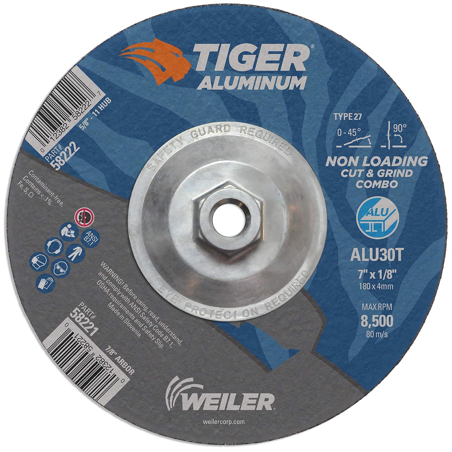 Weiler 58222 7 x 1/8 Tiger Aluminum Type 27 Cut Off/Grind Combo Wheel ALU30T 5/8-11 Nut (Pack of 10)