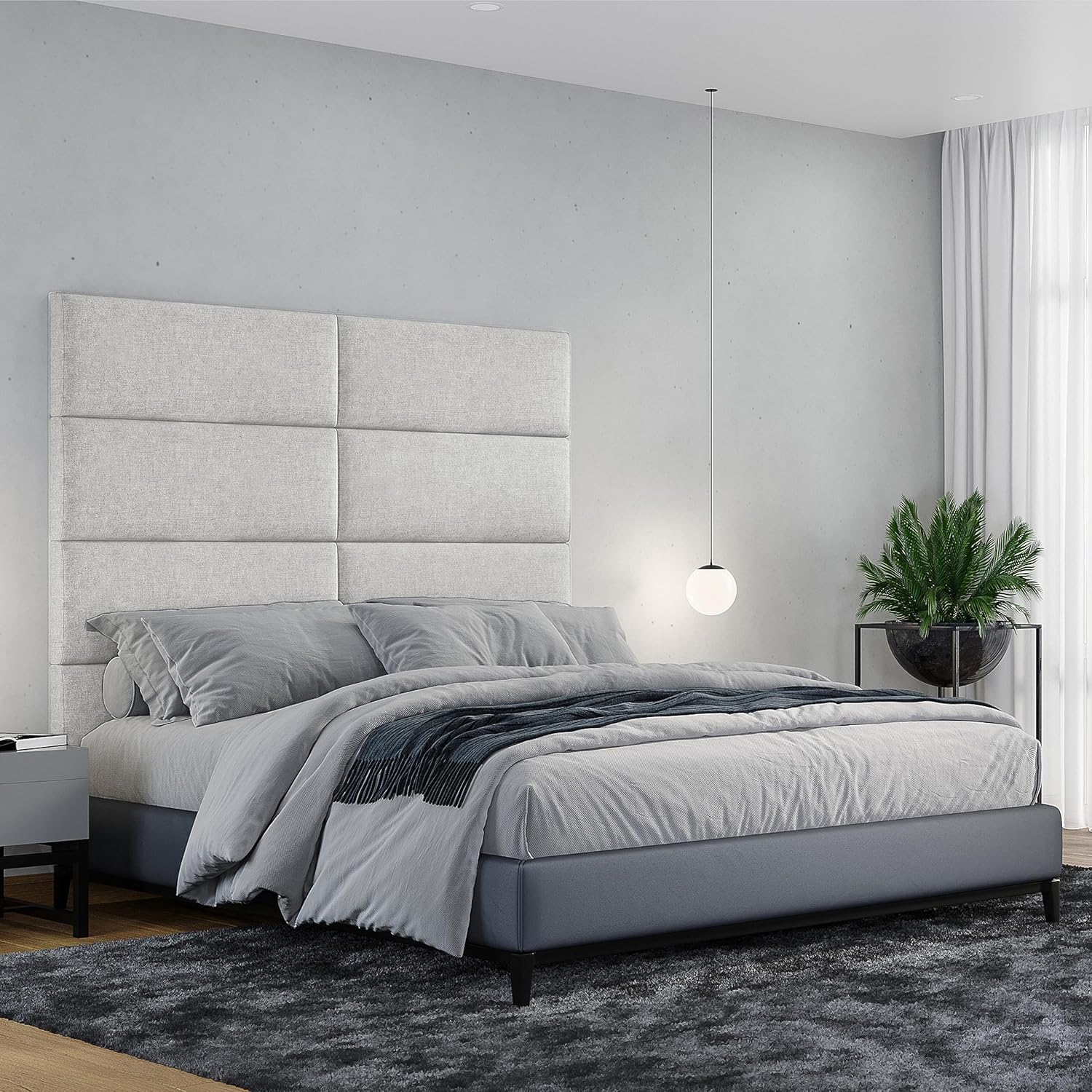 Jaxx Panelist Modern Padded Headboard – Set of 4 Wall Mounted Panels (Each 11.25' x 30') - Queen, Limestone Grey Microvelvet