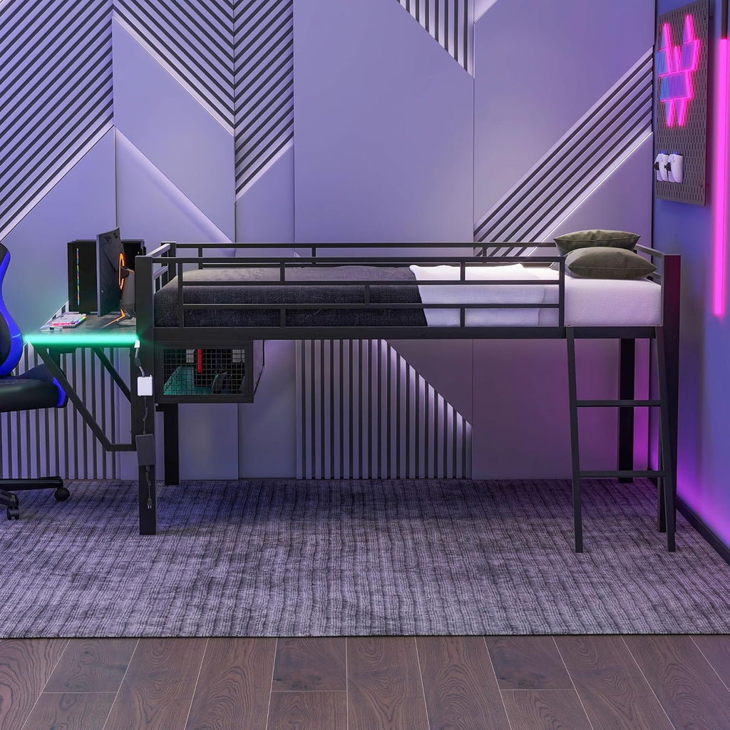 Twin Size Mid Metal Loft Gaming Bed with Desk and LED Lights, Modern Steel Loft Bed Frame with Inclined Ladder and Safety Guardrail for Kids Teens Girls Boys, No Box Spring Needed (Black-08, Twin)