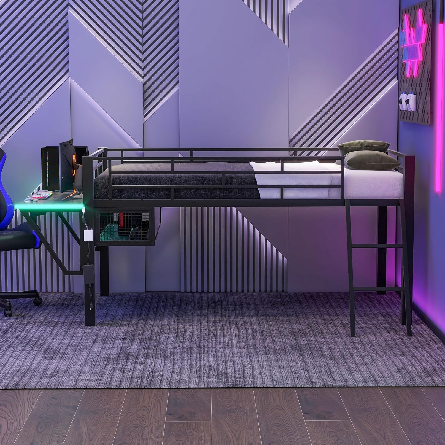 Twin Size Mid Metal Loft Gaming Bed with Desk and LED Lights, Modern Steel Loft Bed Frame with Inclined Ladder and Safety Guardrail for Kids Teens Girls Boys, No Box Spring Needed (Black-08, Twin)