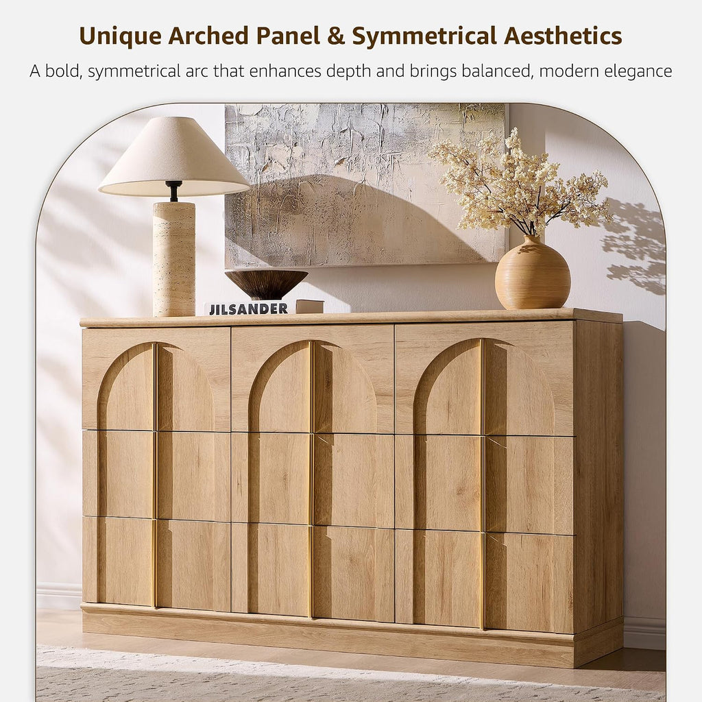 ACCOHOHO Arched Dresser for Bedroom with 9 Drawers, 52' Wide Modern Chest of Drawers with Rounded Edge & Metal Handles, Wood Storage Closet Dressers TV Stand for Living Room, Hallway, Natural Oak
