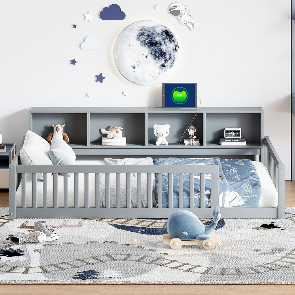Bellemave Kids Montessori Floor Bed Twin XL Size,Floor Bed Frame with Bookcase and Charging Station for Kids Boys Girls,Gray