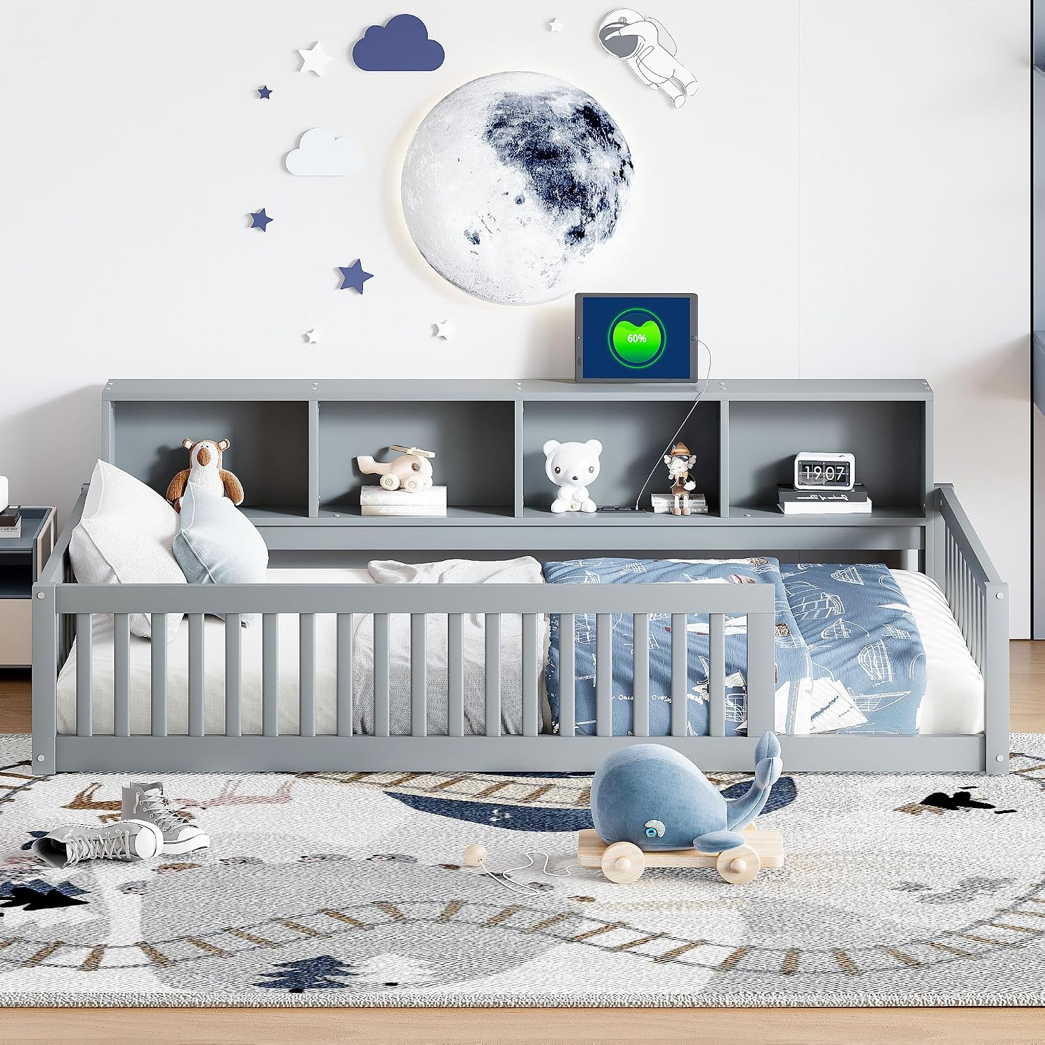 Bellemave Kids Montessori Floor Bed Twin XL Size,Floor Bed Frame with Bookcase and Charging Station for Kids Boys Girls,Gray
