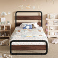 SHA CERLIN Twin Size Metal Bed Frame with Wooden Headboard and Footboard, Heavy Duty Oval-Shaped Platform Bed Frame with 10' Under-Bed Storage, Heavy Duty Slats Support, No Box Spring Needed, Mahogany