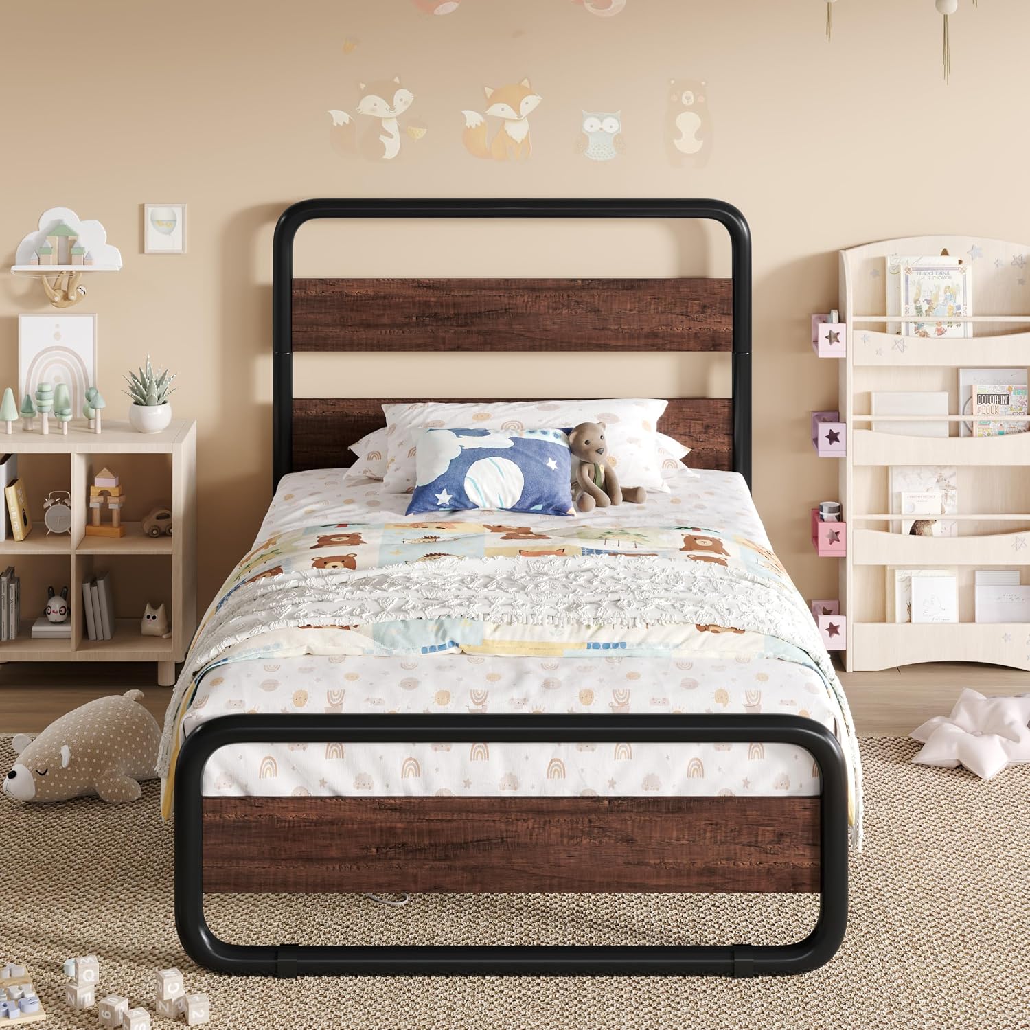 SHA CERLIN Twin Size Metal Bed Frame with Wooden Headboard and Footboard, Heavy Duty Oval-Shaped Platform Bed Frame with 10' Under-Bed Storage, Heavy Duty Slats Support, No Box Spring Needed, Mahogany