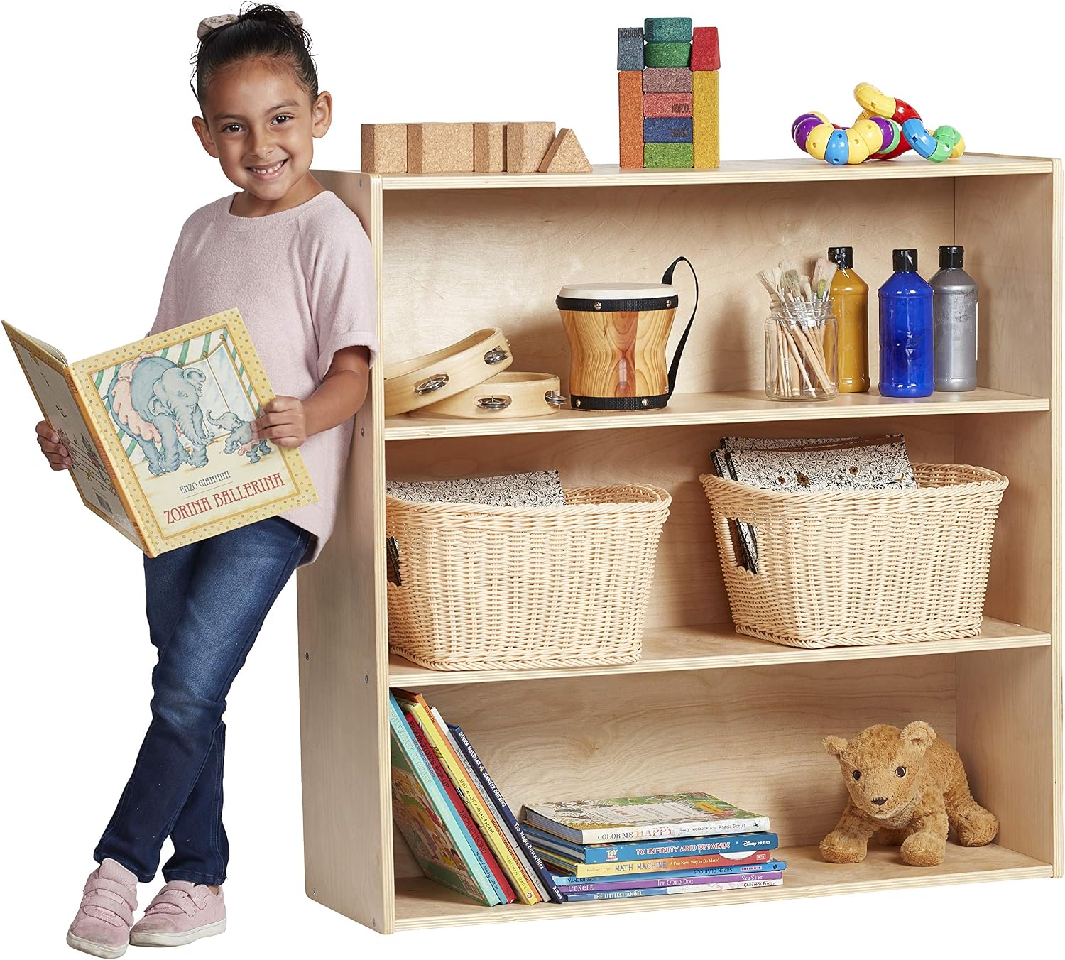 ECR4Kids Birch Streamline 3-Shelf Storage Cabinet, 36in High, Bookcase for Classroom and Playroom, Natural
