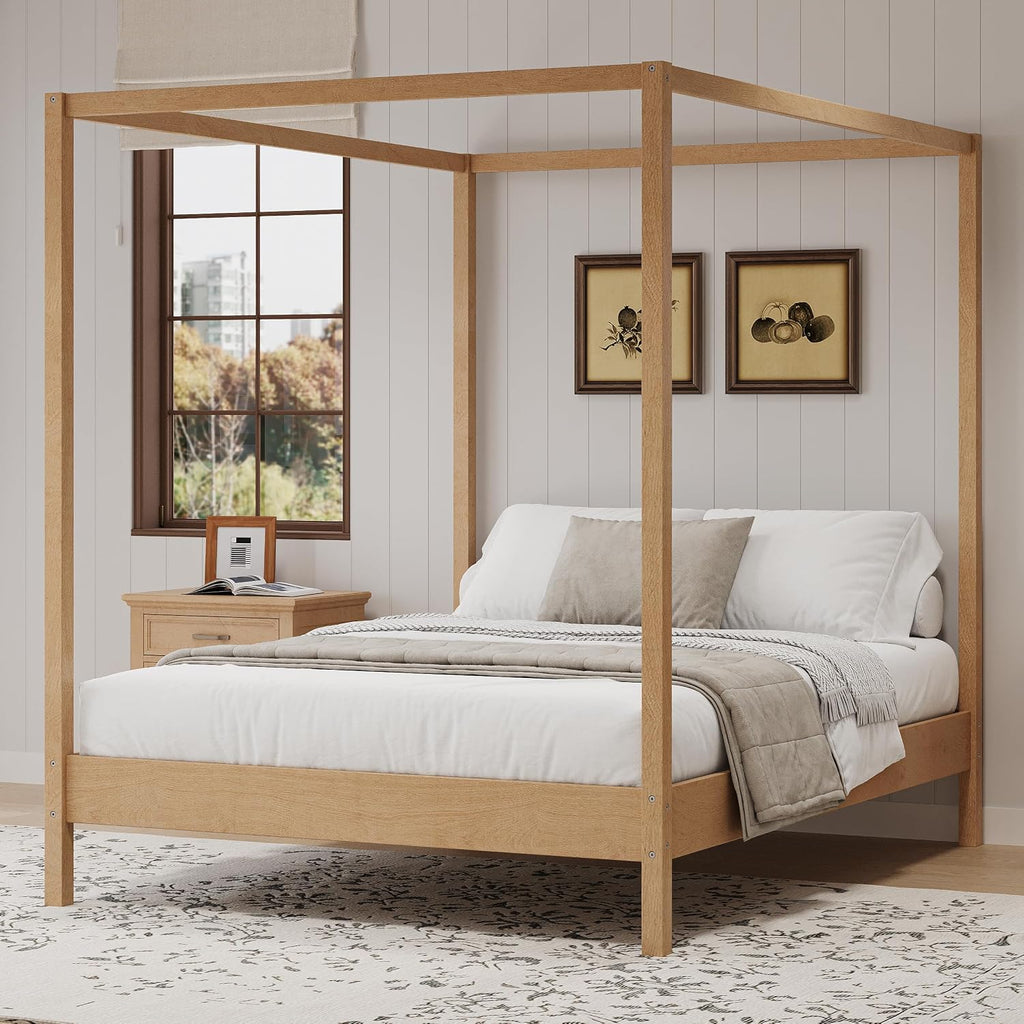 King Size Canopy Platform Bed, Wood 4 Poster Bed Frame, No Box Spring Needed (Natural, King)