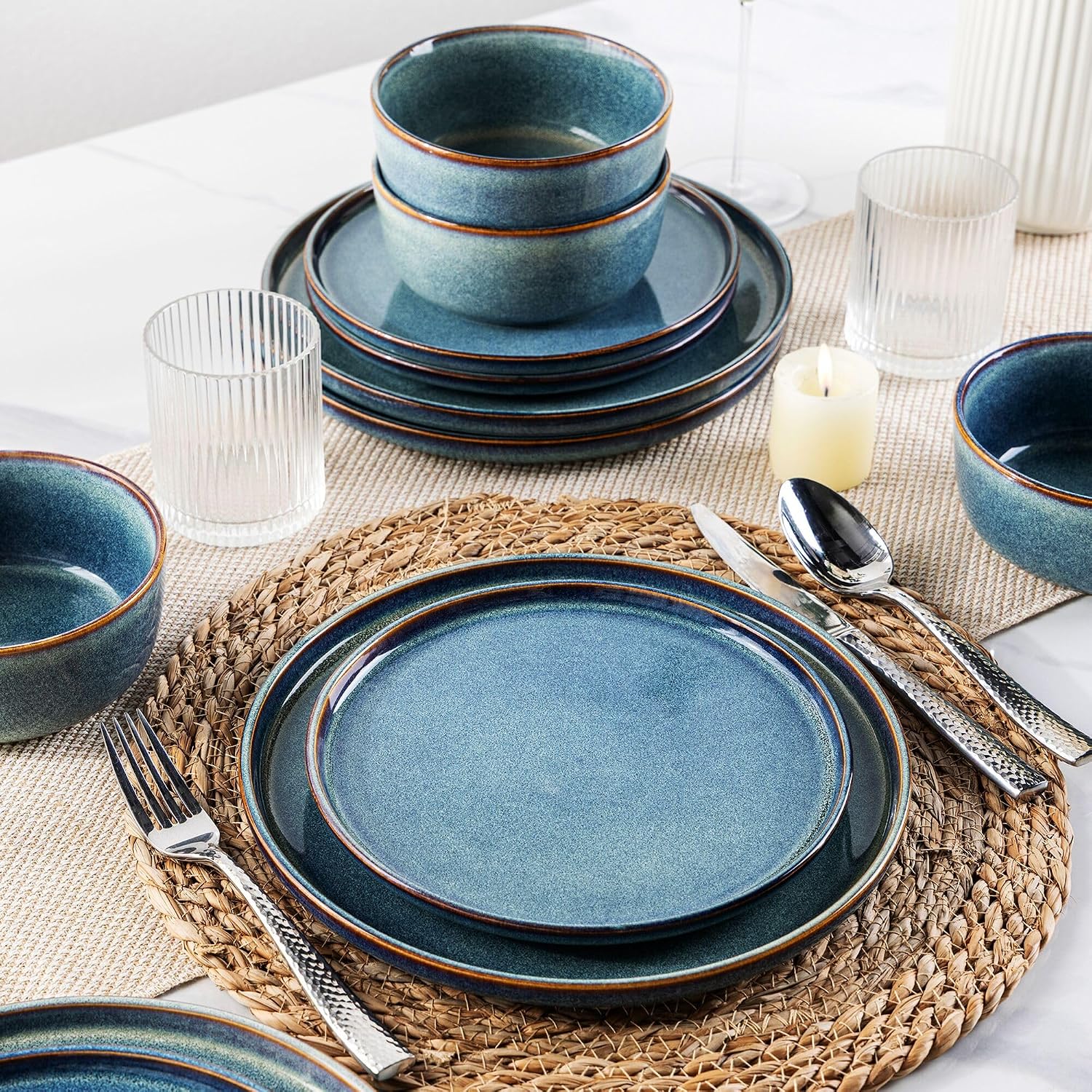 AmorArc Stoneware Dinnerware Sets,Round Reactive Glaze Ceramic Plates and Bowls Sets,Highly Scratch Resistant | Microwave & Dishwasher Safe,Service for 8 Dishes Set (24pc)