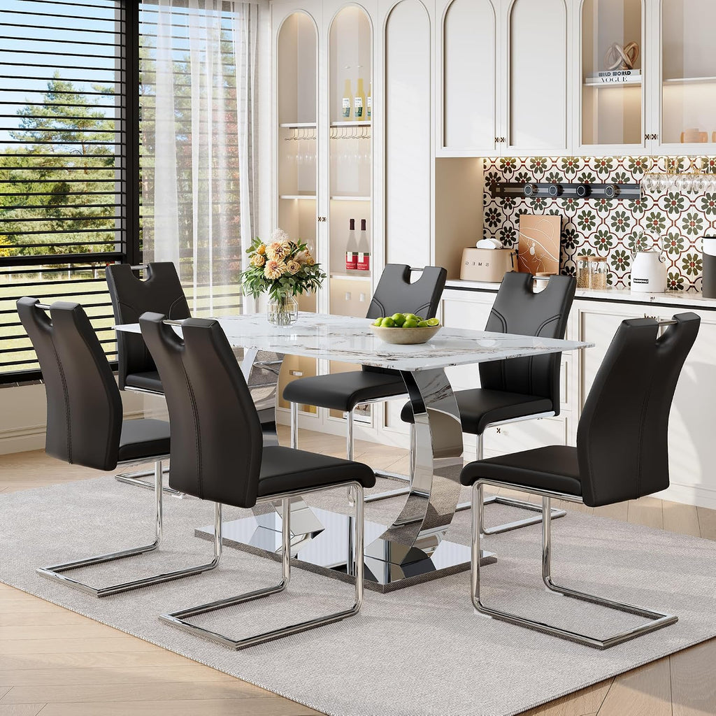 Dining Chairs Set of 6 Modern PU Kitchen Chairs with High Back,Soft Cushion Chrome Metal Legs for Dining Room,Living Room, Bedroom (Black+Silver, Set of 6)