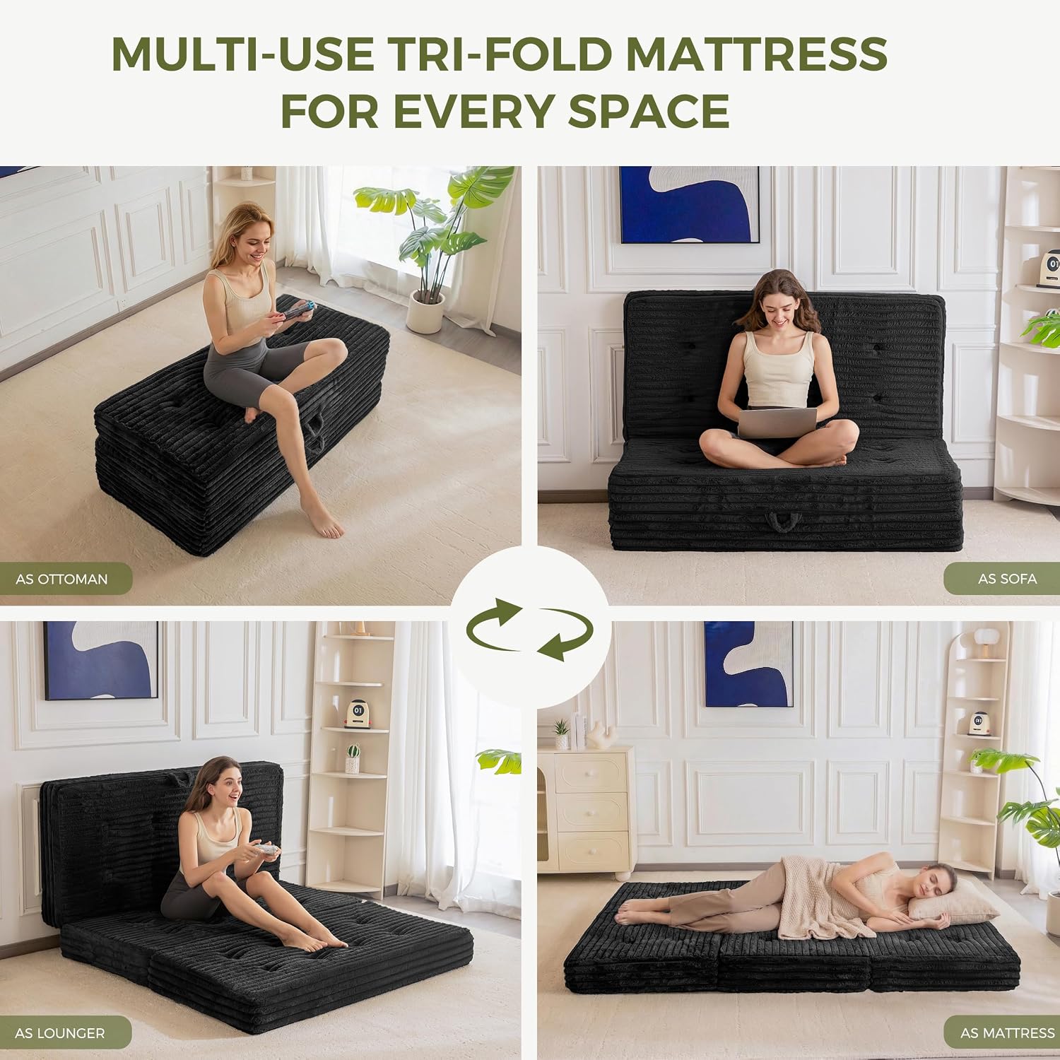 MAXYOYO Folding Sofa Couch Bed, 6 Inch Tri-Fold Floor Sofa Bed, Folding Mattress with Handles, Soft Faux Fur Folding Bed with Supportive Foam Filling, Portable Couch for Living Room, Twin, Black