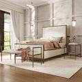 24/7 Shop at Home Lalia Hammered Metal 4-Piece Bedroom Collection, Upholstered Bed Frame with Beige Fabric Headboard, Bench and 1-Shelf Nightstands, Foundation Required, Full, Matte Gold