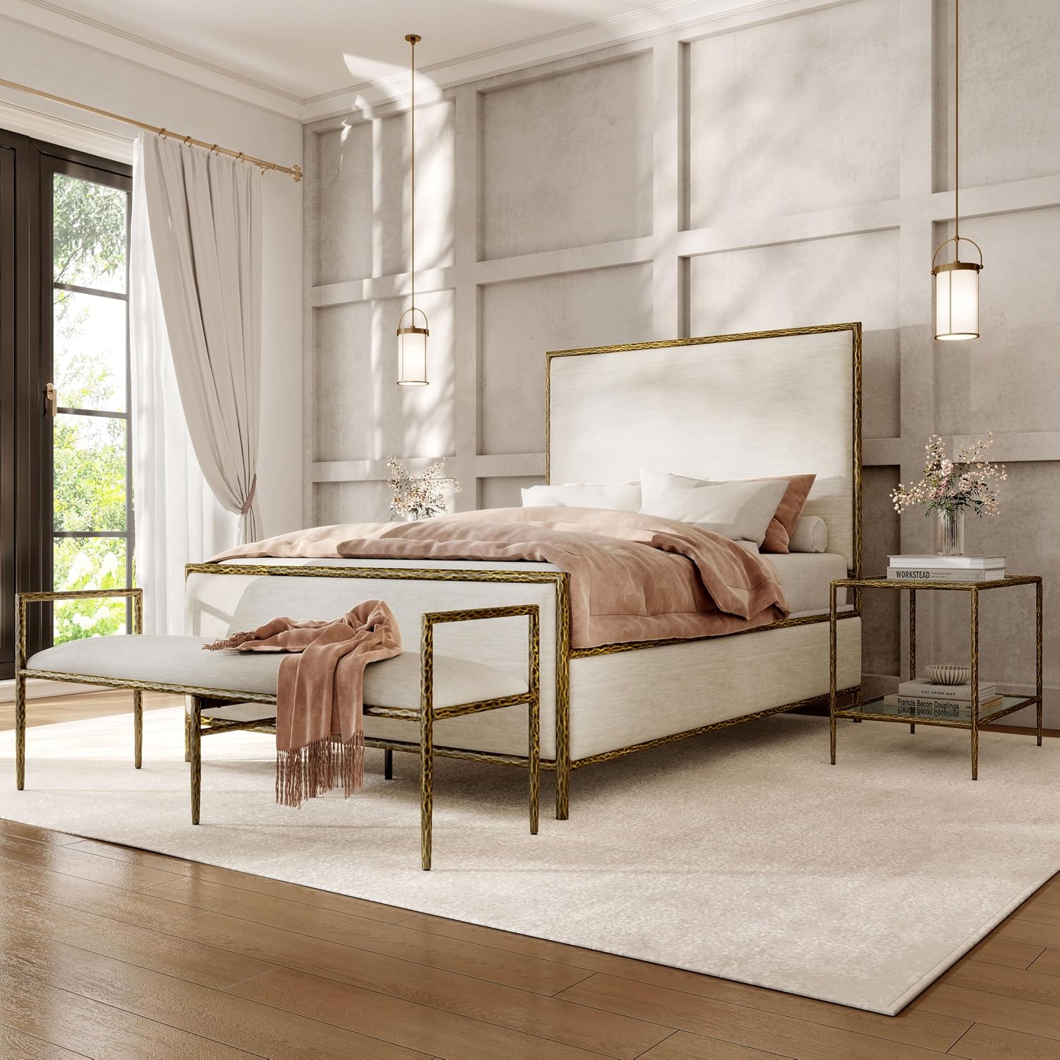 24/7 Shop at Home Lalia Hammered Metal 4-Piece Bedroom Collection, Upholstered Bed Frame with Beige Fabric Headboard, Bench and 1-Shelf Nightstands, Foundation Required, Full, Matte Gold