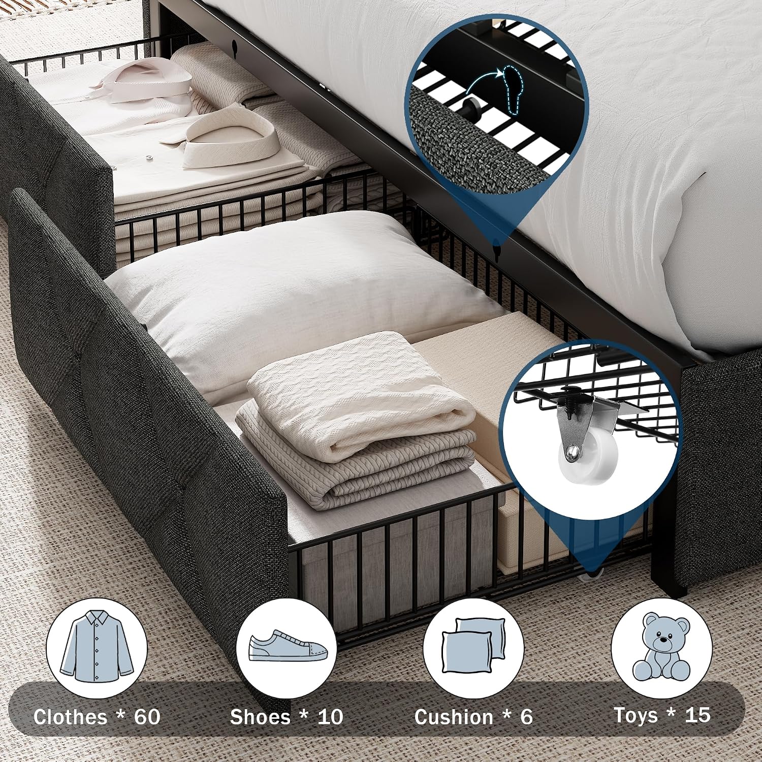 GalnFu King Size Bed Frame with 4 Storage Drawers, Upholstered Platform Bed with Charging Station, Modern Wingback Storage Headboard, Easy Assembly,Noise-Free, Dark Gray