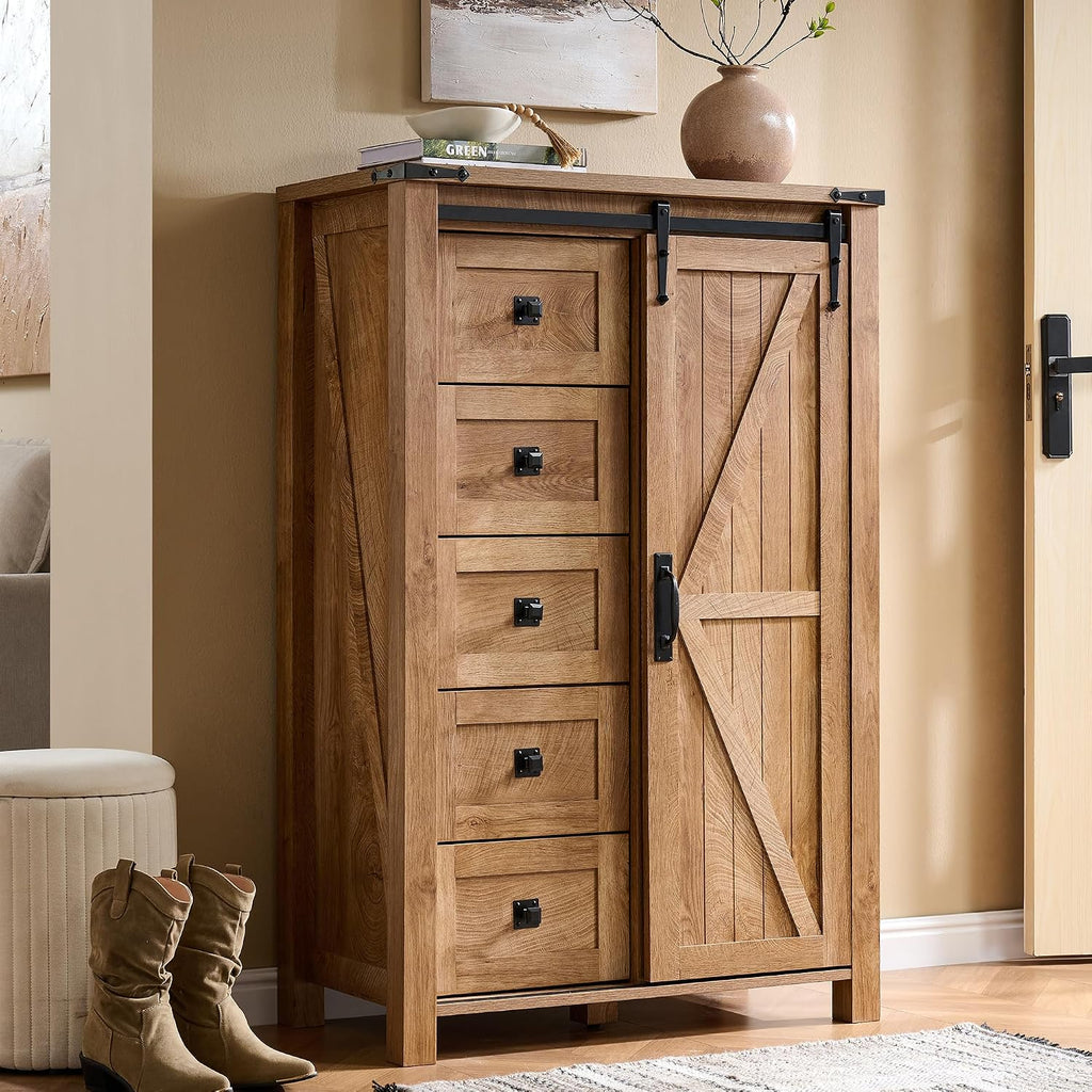 T4TREAM 5 Drawers Dresser for Bedroom w/Sliding Barn Door, Farmhouse Modern Tall Dresser 5 Chest of Drawers, Storage Organizer for Bedroom, Hallway, Living Room, Kids Room, Light Tree Knot