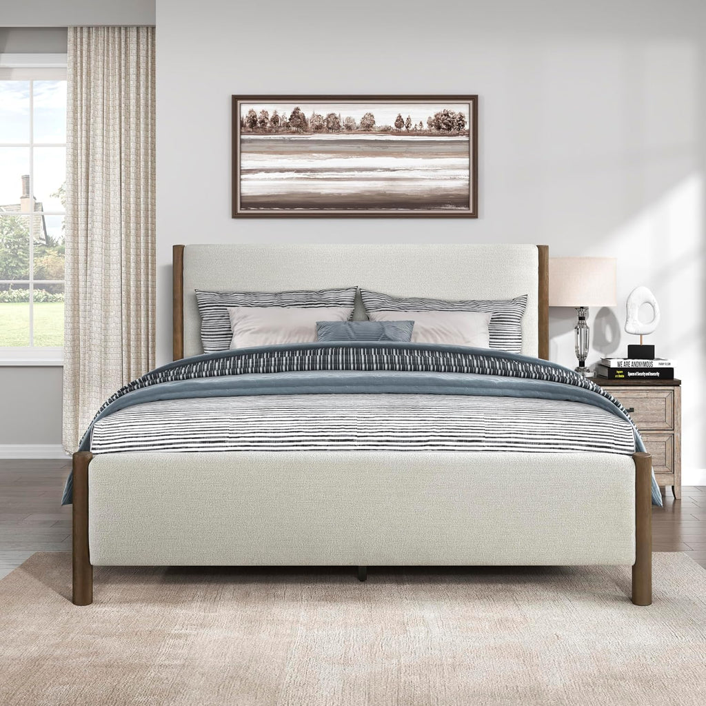 Lexicon King Platform Bed with Chenille Upholstered Bed Frame and Headboard, Caramel Finish, Modern Bed Frame, Wooden Slat Support System, No Box Spring Needed, Easy Assembly