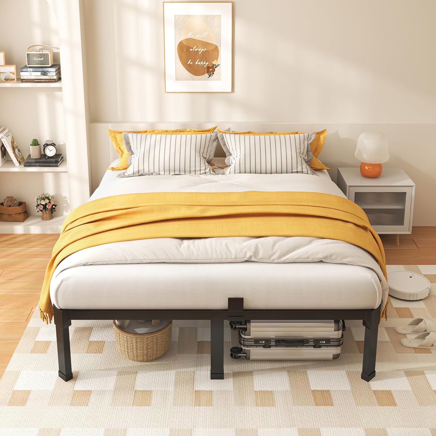ROIL 18 Inch Queen Size Bed Frame with Mattress Slide Stopper - Double Black Basic Anti Squeak Steel Slats Metal Platform, Heavy Duty Noise Free Easy Assembly Bedframes, No Box Spring Needed