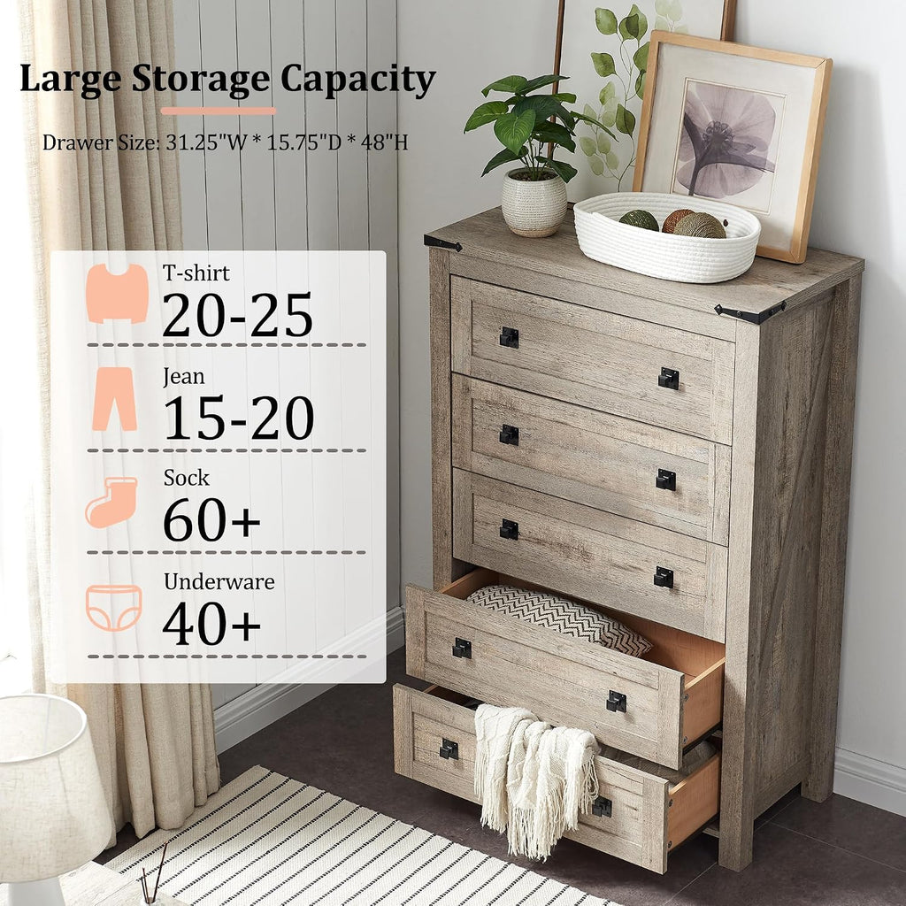 RedLemon Farmhouse 5 Drawer Dresser, 48' Tall Rustic Chest of Drawers, Wood Dresser for Bedroom, Living Room, Hallway, Light Rustic Oak