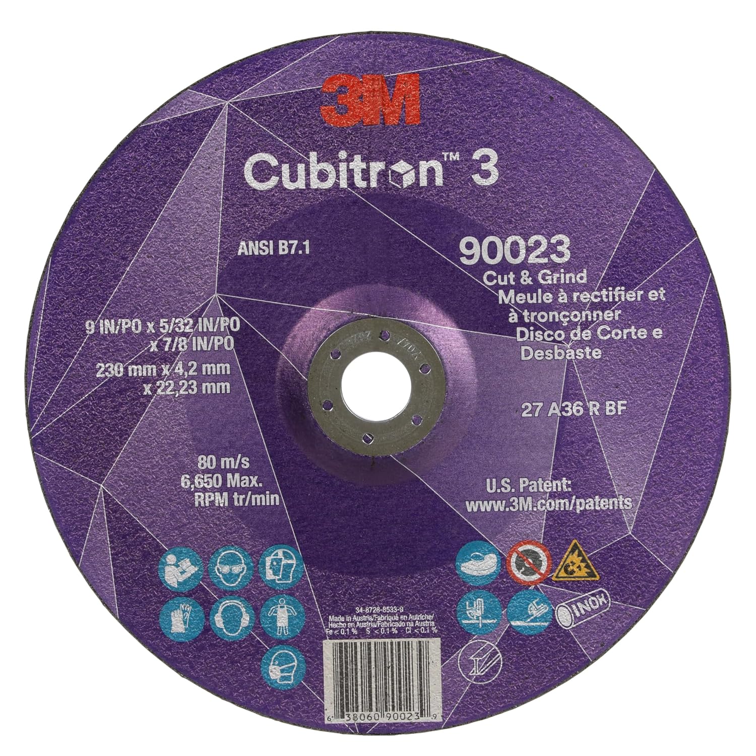3M Cubitron 3 Cut and Grind Wheel, 90023, 36+, T27, 9 in x 5/32 in x 7/8 in, Pack of 10, ANSI, Longer Life, Faster Cut, Back-Gouging, Fillet Weld Removal, Cutting, Grinding
