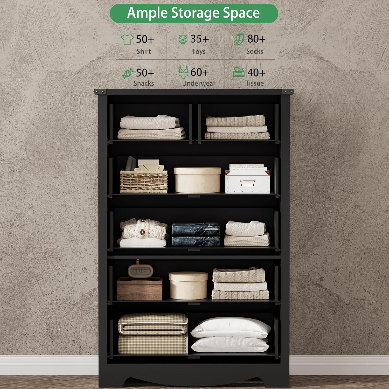Dresser for Bedroom with 6 Drawers, 49' Tall Wood Chest of Drawers with Deep Drawers & Mental Handle, Modern Dresser TV Stand, Wooden Closet Storage Organizer for Living Room, Hallway, Entryway, Black