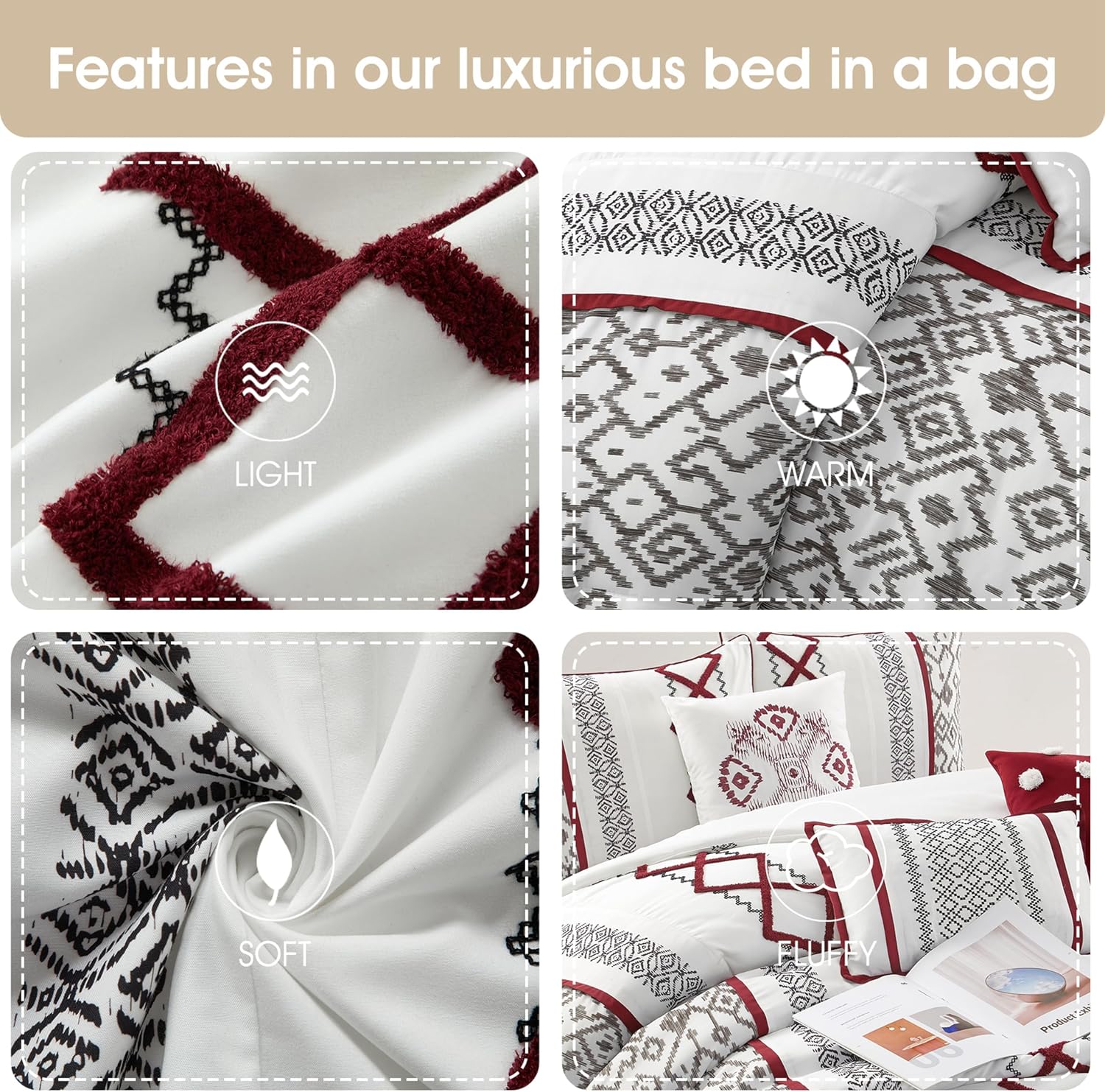Grand Avenue White Red Comforter Set California King Size, 7 Piece Terry Embroidery All Season Bedding Set, Bedskirt, Pillows & Shams