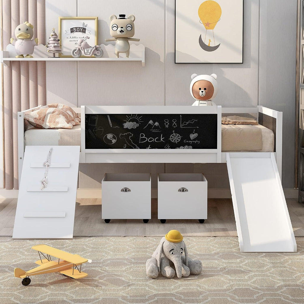JIVOIT Twin Size Low Loft Bed with Climbing Frame & Rope, Wood Loft Bed Frame with Two Storage Boxes, Slide and Double-Sided Chalkboard, Pine Wood Bed Frame for Kids Teens (White+Rope)