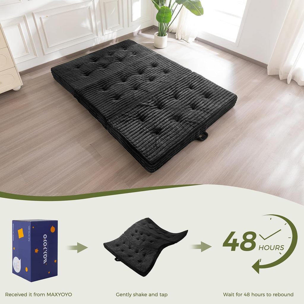 MAXYOYO Folding Sofa Couch Bed, 6 Inch Tri-Fold Floor Sofa Bed, Folding Mattress with Handles, Soft Faux Fur Folding Bed with Supportive Foam Filling, Portable Couch for Living Room, Twin, Black