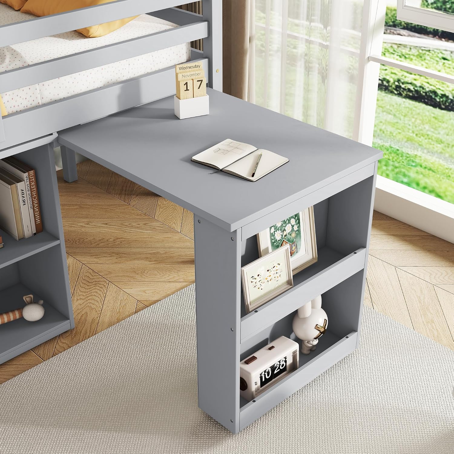 Twin Loft Bed, Multifunctional Loft Bed with Drawer Cabinet, Shelf Cabinet and Pulling-Out Desk, Flexible Under-bed Storage Space, Rubber Wood Loft Bed with Safety Guardrail and Ladder (Grey/261)
