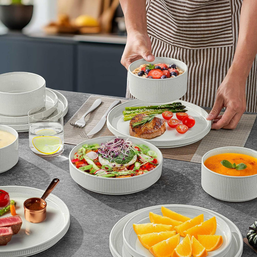LIANYU 24 Piece Dinnerware Sets with Double Bowls, Ceramic Plates and Bowls Set for 4, Ribbed Stoneware Dishes for Home Kitchen, Microwave and Dishwasher Safe, Speckled White