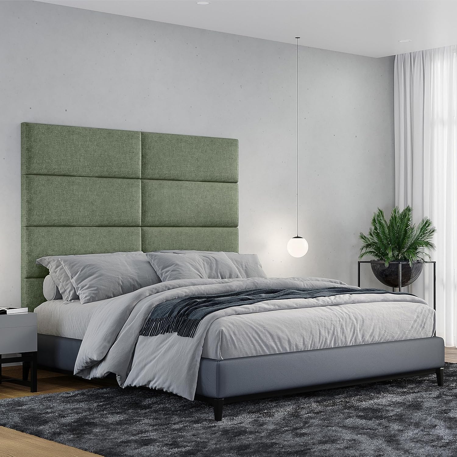 Jaxx Panelist Modern Padded Headboard – Set of 4 Wall Mounted Panels (Each 11.25' x 30') - Queen, Cypress Green Microvelvet