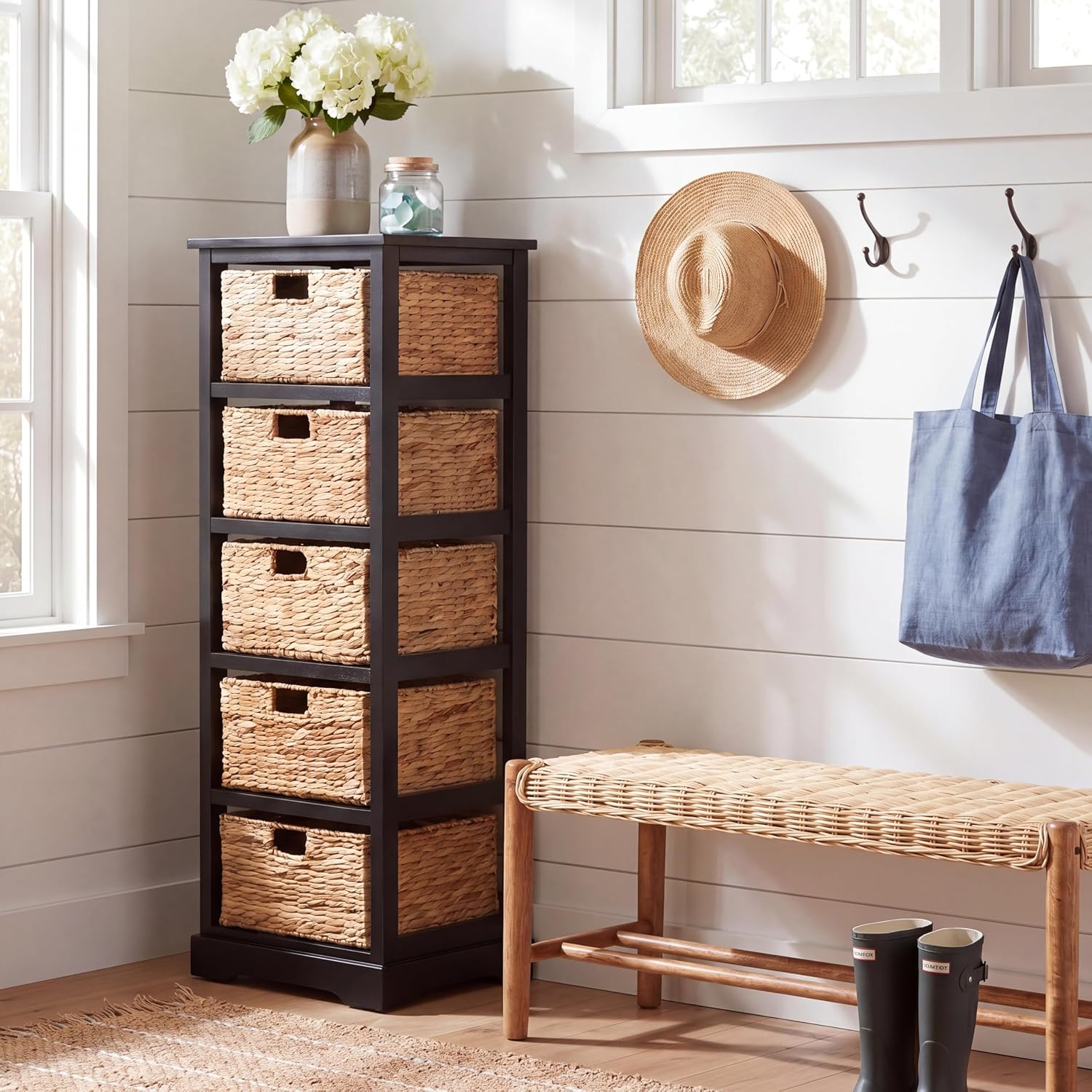 SAFAVIEH Furniture - Vedette 5-Basket Storage Tower - Distressed Black - Solid Wood - Coastal Basket Tower Design - Ideal for Entryway, Living Room, 17.5'W x 13.5'D x 46'H - Fully Assembled (AMH5739A)