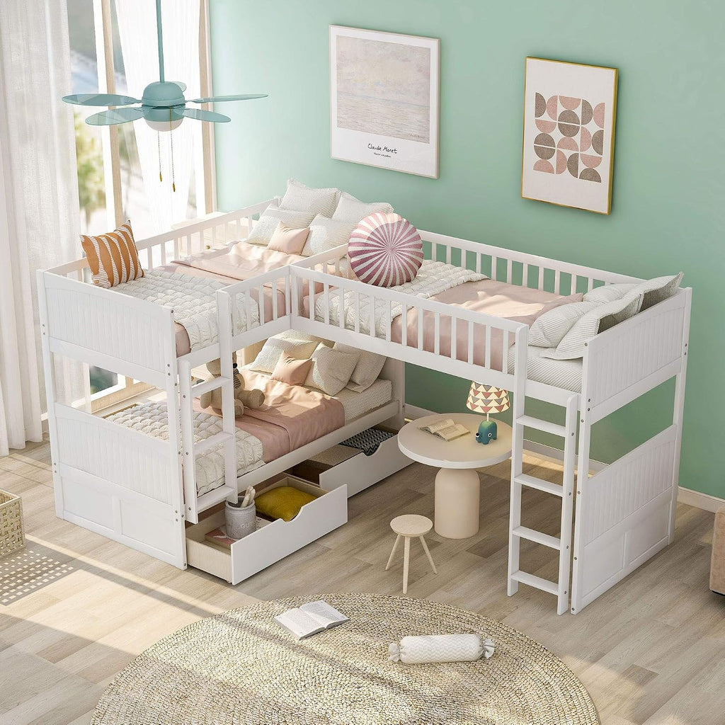 Flieks Triple Bed Twin-Over-Twin-Over-Twin Bed L Shaped Bunk Bed with 2 Drawers and 2 Ladders, No Box Spring Needed